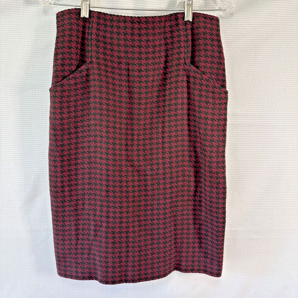 Ellen Tracy Houndstooth 100% Silk Skirt Woman’s Black & Maroon Luxury - 6